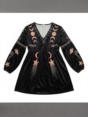 Ursime Black Velvet Moon & Star Embroidered Tunic Top Large